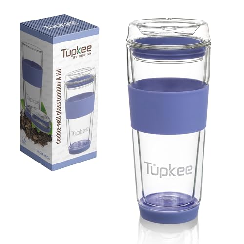 Double Wall Glass Tumbler, 14-Ounce Glass Travel Coffee Mug - 2 Pack Jacaranda