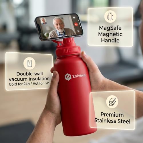 32oz Insulated Water Bottle with Magnetic Phone Mount, Leak-Proof Stainless Steel Gym Cup for Smartphone, BPA-Free. (RED) RED