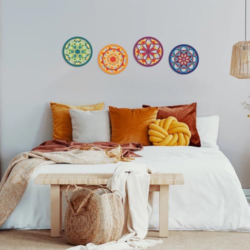 CHDITB 4Pcs Wooden Sacred Geometric Moroccan Talavera Wall Art 10x10 Inch Geometric Mandala