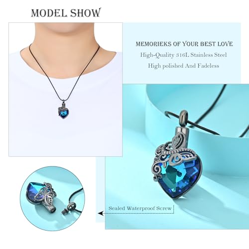 Butterfly Urn Necklaces for Ashes Heart Cremation Jewelry for Women Black-Blue