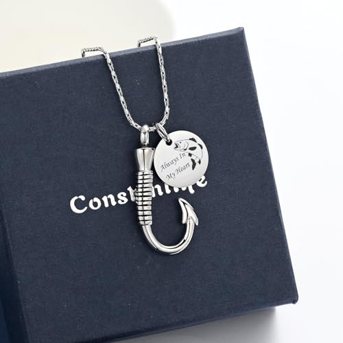 constantlife Cremation Jewelry for Ashes Urn Memorial Necklace Fish Hook Design Stainless Steel Pendant Keepsake Ashes Holder Always In My Heart-Silver