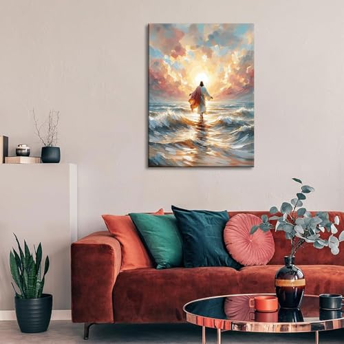 Jesus Walking on Water Canvas Wall Art Jesus Back Waters Reflection Sunset Glow Pink Gold Tones Wall Decor Pictures Christian Bible Stories Poster Prints for Living Room Church Home Decoration 16x24in 24"L x 16"W