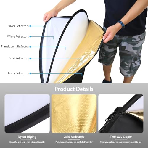PULUZ 32inch/80cm Light Reflector Diffuser 5 in 1 Collapsible Multi Disc with Bag - Translucent, Silver, Gold, White and Black for Studio Photography Lighting Outdoor 80cm/32inch