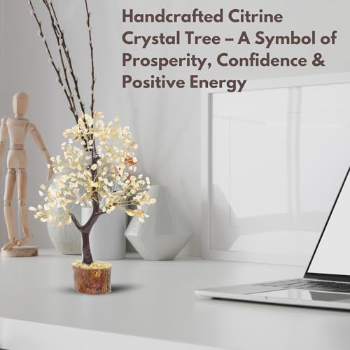 Citrine Crystal Tree of Life, Healing Gemstone Money Tree for Good Luck, Prosperity & Positive Energy, Handmade Feng Shui Bonsai Decor for Home Office, Spiritual Gifts for Women & Men Citrine - Yellow (Golden Wire)