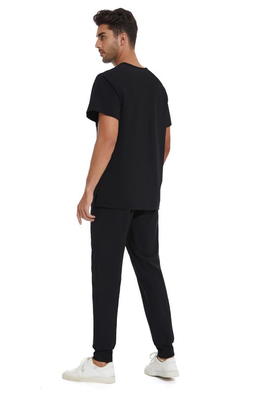 [Australia - AusPower] - Men Scrubs Set — Stretch V-Neck Scrub Top & Jogger Pant with 8 Pockets, Yoga Waistband, Anti-Wrinkle Scrubs for Men Black Medium 