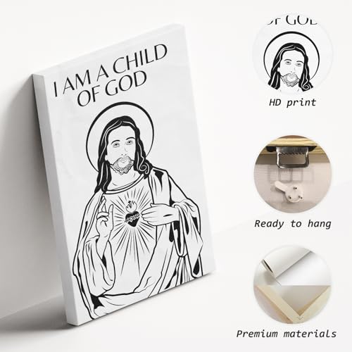 CCCHCY "I Am A Child of God Christian Canvas Art, Black and White Jesus Picture Wall Decor, Sacred Heart Jesus Artwork, Minimalist Christian Home Décor, Inspirational Scripture Prints, 16" x 24" Wrapped Canvas 24"L x 16"W