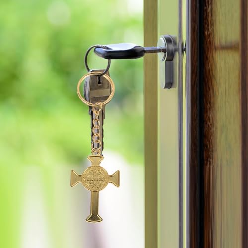 ULTECHNOVO Saint Benedict Cross Keychain Golden Zinc Alloy 10pcs
