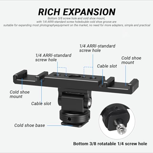 Dual Cold Shoe Extension Bar Mount – Aluminum Dual hot Shoe Bracket with 1/4" Thread and Cable Management Slot, Compatible with DSLR Cameras, LED Video Lights, Microphones, Monitors, and More