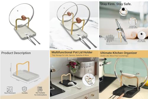 Astra Design Spoon and Lid Holder with Drip Tray Heat-Resistant Aluminum Utensil Rest Kitchen Organizer White Base with Gold Handles Modern Counter Accessory & Gift Idea White and Gold