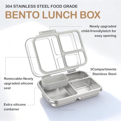 BABHAMNESS Stainless Steel Bento Lunch Box for Kids Adults, 3 Compartments Metal Bento Box with Transparent Lid & Silicone Container for Kids,Dishwasher-Safe,School & Travel,BPA-Free(Grey) Gray