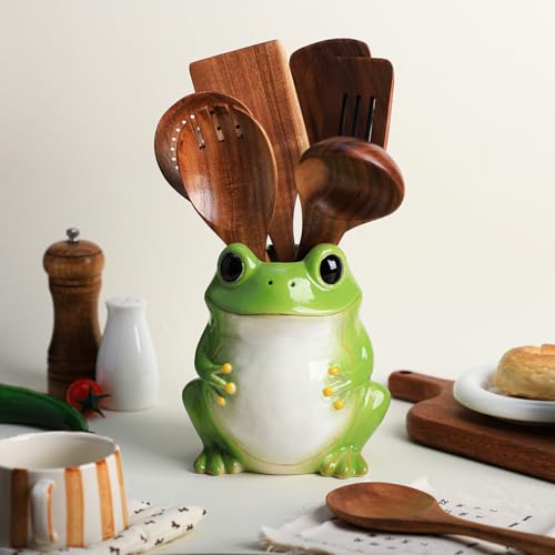 Ceramic Frog Kitchen Utensil Holder, Large Cooking Utensil Crocks for Countertop, Utensil Organizer, A