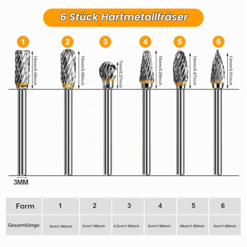SoundZero 6 Piece Carbide Router Bit Set Double Cut Burr 1/8" | Carbide Rotary Cutter Set End Mill with Shank, for Grinder, Carving, Metal Polishing, Engraving, Drilling