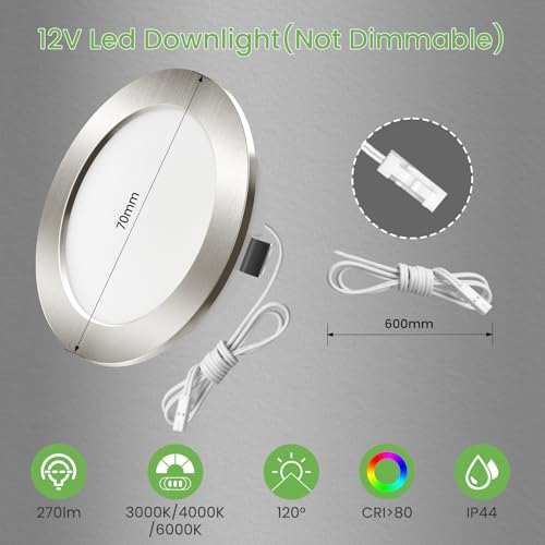 Alusso LED Recessed Spotlights 12 V (Not Dimmable) LED Spot 12 V Nickel Pack of 6 | 3000K 4000K 6000K,4W 270LM,55-58mm Lochmass,12-24V,IP44 Einbauspots für Wohnmobil Spiegelschrank Wohnwagen Kleiderschrank 12-24v Nickel 6pcs Ø55-58mm Lochmass