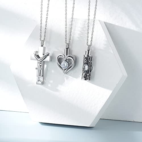 shajwo 3 Pack Urn Necklace for Ashes for Women Gilrs Heart Cross Cylinder Cremation Jewelry for Ashes Memorial Keepsake Birthstone Pendant White