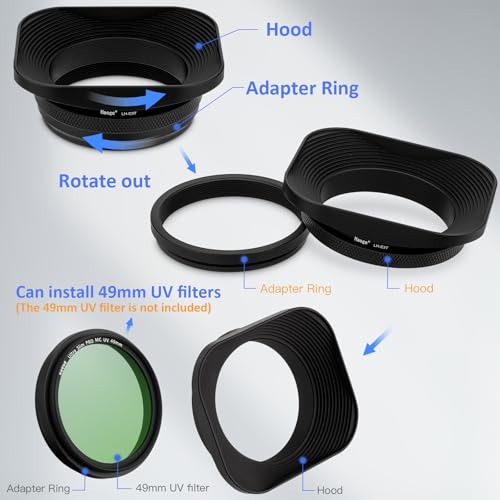 Haoge LH-E3T Square Metal Lens Hood with 49mm Adapter Ring with Cap for Fujifilm Fuji FinePix X100 X100S X100T X70 X100F X100V Camera Replaces Fujifilm LH-X100 AR-X100 LH-X70 Black