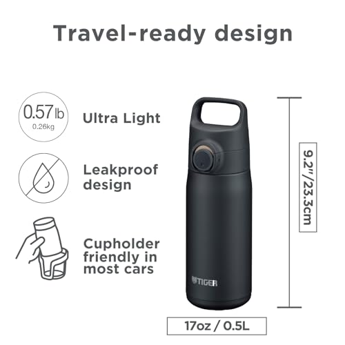 TIGER Water Bottle 16.9 oz (500ml), Ultra-Light Vacuum Insulated Travel Mug with Slanted Handle, One-Push Leak-Proof Lid, 18/8 Stainless Steel, MTA-J050WH, Smoke White 16.9 Ounces