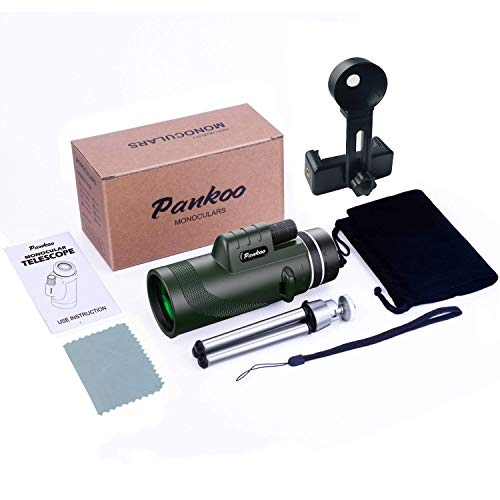 Pankoo 40x60 HD High Power Adult Monocular with Tripod and Smartphone Adapter - Ideal for Birdwatching, Hiking, Traveling Concerts - BAK4 Prism, Clear Colors, Durable and Portable Military Green