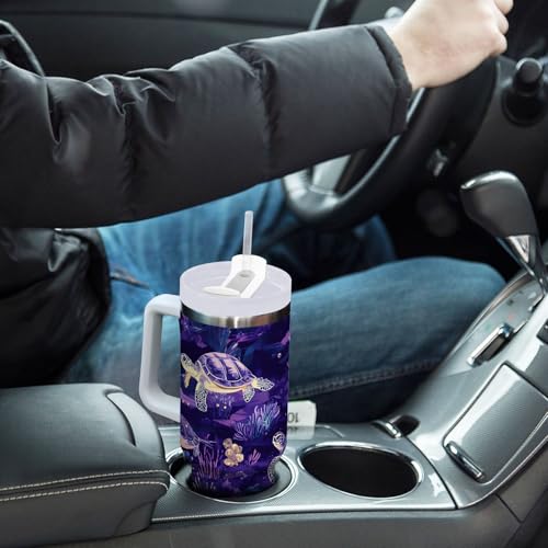 ALAZA Purple Turtle Nautical Ocean Coastal 40 oz Tumbler with Handle Insulated Water Bottle with Straw Lid Stainless Steel Vacuum Insulated Cup Travel Coffee Mug 40 Ounces Multi36