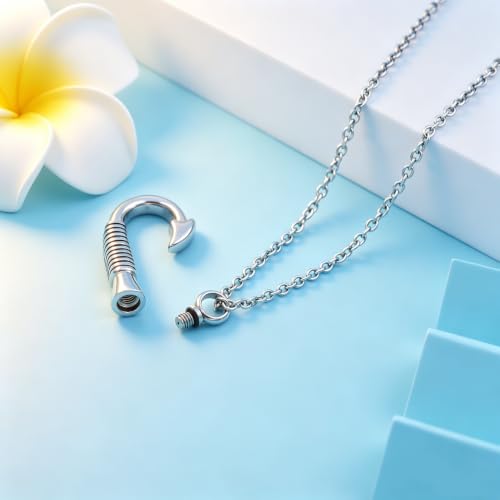 Fishing Hook Cremation Jewelry for Ashes Stainless Steel Fish Hook Urn Necklace for Ashes Memorial Urn Pendant Keepsake Jewelry for Men Women Silver
