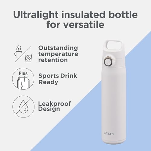 TIGER Water Bottle 16.9 oz (500ml), Ultra-Light Vacuum Insulated Travel Mug with Slanted Handle, One-Push Leak-Proof Lid, 18/8 Stainless Steel, MTA-J050WH, Smoke White 16.9 Ounces