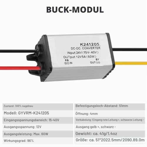 BuyWeek Power Supply Voltage Converter DC-DC Converter 24V to 12V, 5A Power Supply Aluminium Housing Power Supply Transformer for LED Strip Car Audio Radio LED Display Einheitsgröße