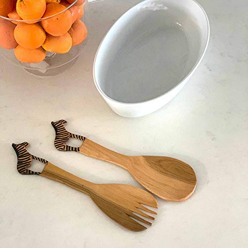 Global Crafts Hand Carved Mhugu Zebra Salad Serving Set - Wood Flatware, Set of 2
