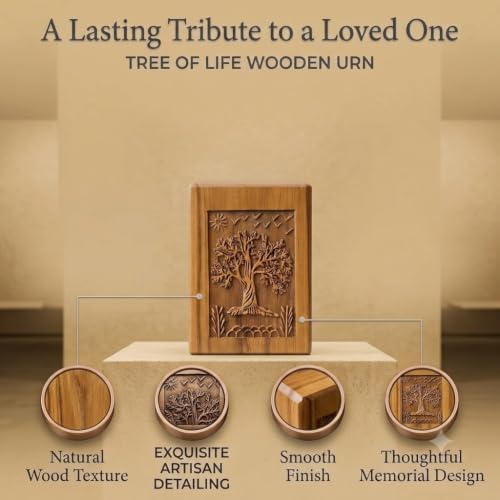 Wooden Cremation Urn for Human Ashes, Tree of Life Memorial Urn for Adults