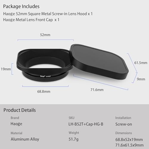 Haoge LH-E52T 52mm Square Metal Screw-in Lens Hood with Cap for 52mm Canon Nikon Sony Leica Voigtlander Nikkor Panasonic Pentax Contax Olympus Lens and Other Lens with 52mm Filter Thread