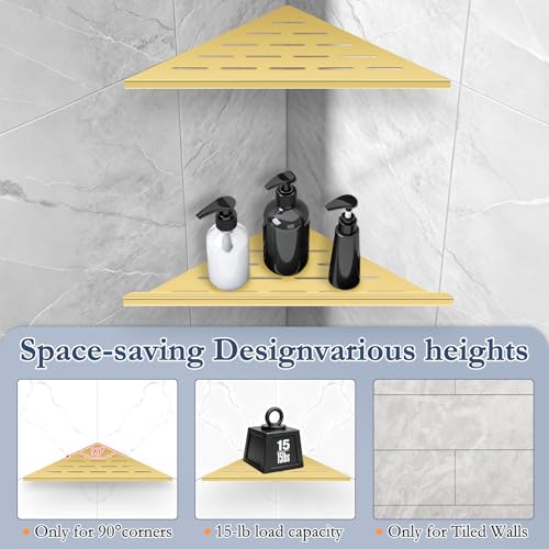 10'' Brushed Gold Corner Shower Shelves Bathroom Corner Shelf,304 Grade Stainless Steel Slot Design Recessed Corner Shelves Suitable for Tiled Wall,2-Pack