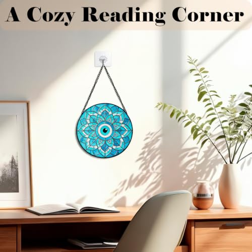 GZV Blue Evil Eye Stained Glass Window Hanging Suncatcher 7.9in
