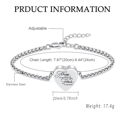 Heart Urn Bracelet for Ashes for Women Men Stainless Steel Cremation Jewelry Memorial Link Bangle Keepsake Gift for Human Pet Ash Silver-Always