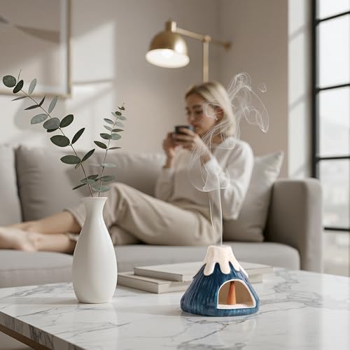 Potiera Small Volcano Incense Holder, Handmade Ceramic Palo Santo Holder for Meditation Spa Yoga Decor, Backflow and Cone Incense Burner for Home and Office Decor, Spiritual Gifts for Women Men Dark Green