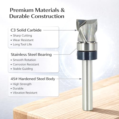 SICWOOD solid carbide compression flush trim router bit, 1/2-inch diameter, 1/4-inch shank with top bearing