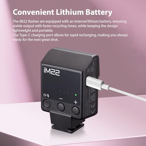Godox iM22 Mini Camera Flash On-Camera Flash Speedlite 5 Power Levels 3s Recycle Time 440 Full Power Flashes with Type-C Charging Battery Replacement for Canon Nikon Sony Mirrorless Cameras
