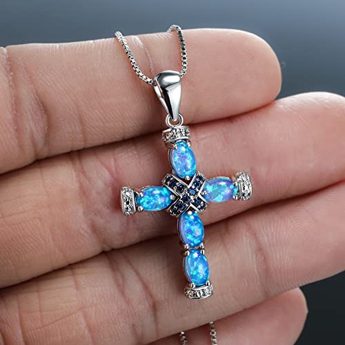 Blue Opal Cross Crucifix Necklace,Simple Birthstone Saint Cross Necklace