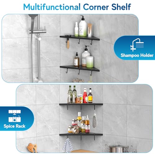 Corner Shower Shelves, 10" Matte Black 304 Stainless Steel Recessed Shelf for Bathroom，Grout in Shelf with Hooks for Tiled Wall 2 Pack (Black)