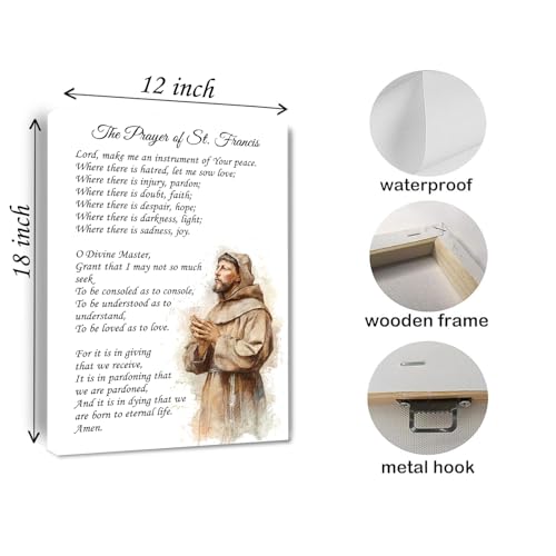 Bmotaso Prayer of St. Francis Quote Canvas Wall Art Saint Francis Peace Poster Painting Inspirational Print Christian Decor Gifts Ready to Hang for Home Bedroom Living Room Decor 12 * 18 Inch 18"L x 12"W