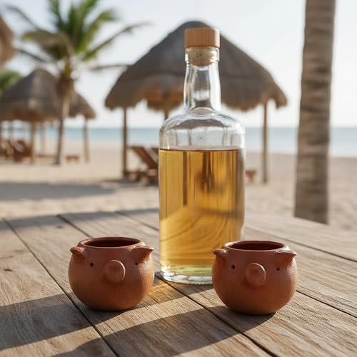 Set of 4 Handcrafted Red Clay Tequila Shot Glasses - Artisanal Barware from Oaxaca, Mexico (Pigs) Pigs