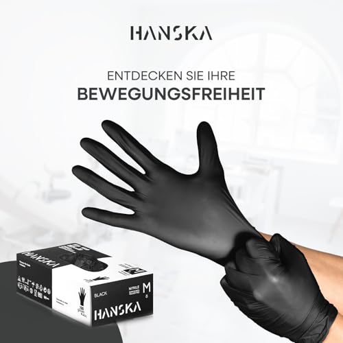 HANSKA 100 Black Nitrile Disposable Gloves - Powder Free - Disposable - Ambidextrous - Non-Sterile - Rubber Base - Suitable for Medical Areas, Food Handling (100, M) 100 cm