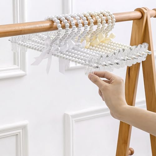 SHIDOW 3Pcs Pearl Bow Dress Hangers, White Bridal Clothes Hangers