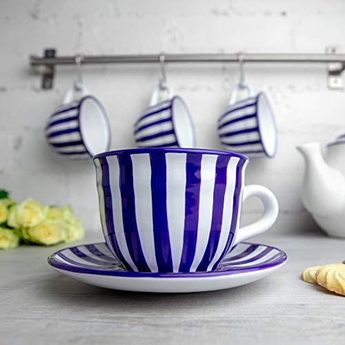 City to Cottage Handmade Dark Navy Blue Stripe Large Ceramic 12oz/350ml Cappuccino Coffee Tea Cup and Saucer, Unique Designer Pottery for Tea Lovers