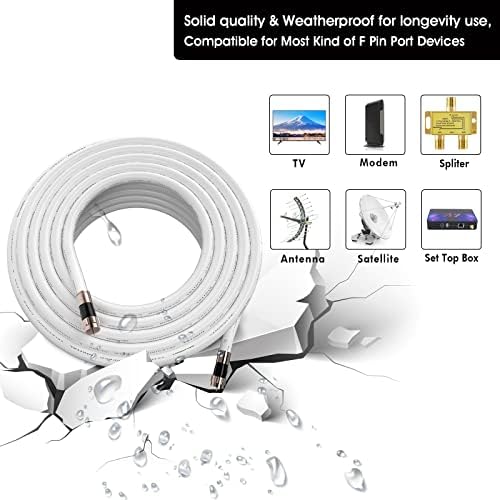 [Australia - AusPower] - 50ft White RG6 Coaxial Cable with F Connector, F81 Female Extension Adapter, Low Loss High-Speed Coax Cable Cord Extender for HD TV, Dish, Satellite, Antenna 50' 50 FT 