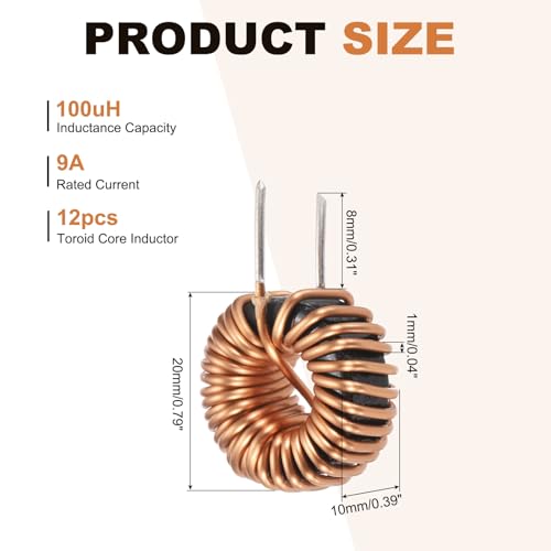 QUARKZMAN Toroid Core Inductor 100uH 9A Copper Wire Winding Inductance Solenoid Coil for Transformers 20 mm Outer Diameter Pack of 12 | Inductance Coil Replacement, Copper Inductance Wire, 20mm Diameter, For Printed Circuit Boards