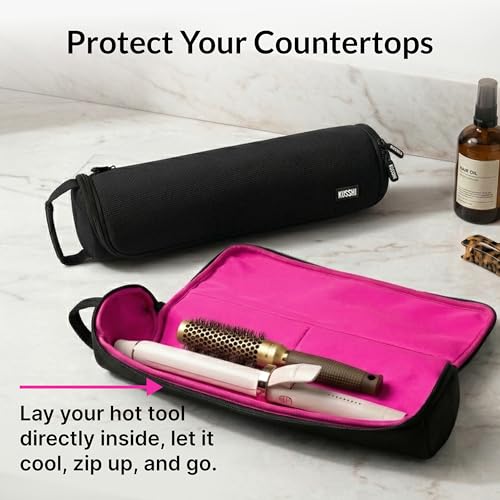 KUSSHI Travel Hair Tools Case - Heat Resistant, Machine Washable Neoprene Hair Accessories Case For Hot Tools, Flat Irons and Airwrap-Style Tools (Black/Pink) Black/Pink