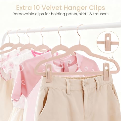 Kids Velvet Hangers with Clips, Kids Hangers 14 Inch, Pink, 50 Pack