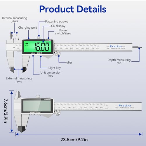 Preciva 150 mm Digital Calliper, Digital Calliper, Stainless Steel, Rechargeable, IP54, Waterproof, Electronic Calliper with LCD Display for Industrial, Electric, Automotive, Crafters