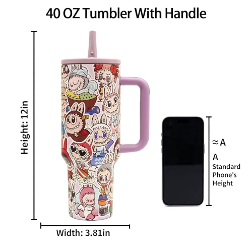 40 oz Tumbler with Handle and Flip Straw Lid, Cup Holder Friendly Insulated Stainless Steel Travel Mug, Gifts for Women & Men Labubu