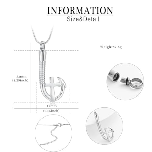 Hearbeingt Fish Hook Cross Urn Necklace for Ashes Cremation Jewelry for Men Silver