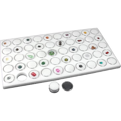 White glass top jewelry display case with 50 gem jars and trays, perfect for organizing and showcasing jewelry pieces.