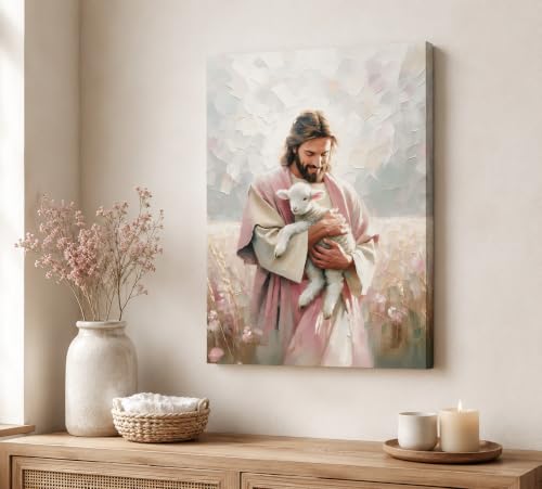 Jesus Embraces Lamb Canvas Wall Art The Lost Lamb Wall Decor Bible Stories Jesus Lamb Painting Picture God Leaving 99 Sheep Poster Prints for Bedroom Prayer Room Church Home Decoration16X24 Jesus holding sheep 16x24in